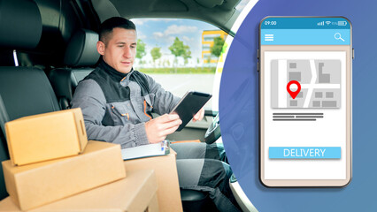 Express delivery. Courier with tablet. Deliveryman in van. E-tablet with delivery app interface. Map and delivery button in app. Courier vacancies. Career in courier business. Portrait of postman