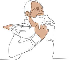 Minimal outline concept of mature man smiling and holding a scale and a measuring tape. Continuous one line drawing of outline. Vector illustration