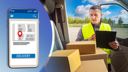 Cargo transportation, cargo delivery. Parcel delivery. The delivery app in the smartphone. Call the...