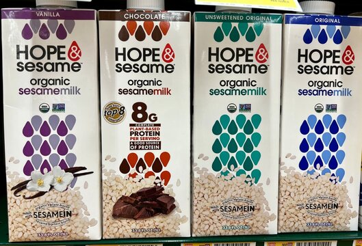 Hope & Sesame Brand Organic Sesame Milk In Shelf Stable Cartons At The Grocery Store.