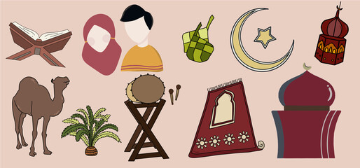 Set of hand drawn ramadan kareem and Eid al Fitr illustration