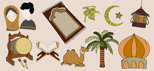 Set of hand drawn ramadan and Eid mubarak illustration
