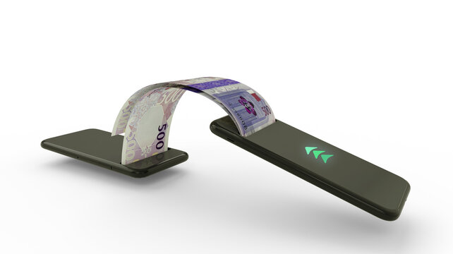 3D rendering of Qatari Riyal notes transferring from one phone to another. mobile money transaction concept. money coming out of mobile phone