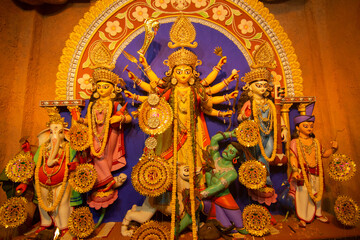 Kolkata , India - October 16, 2018 : Goddess Durga idol inside decorated Durga Puja pandal, shot at...