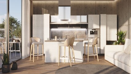 Naklejka na ściany i meble Kitchen 3d render, modern apartment interior. 3d rendering design concept. Modern Contemporary living and kitchen room interior .white and wood material 