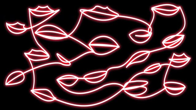Neon red lips in doodle style one line. Animation of a shining neon lamp on a black background. Stock video with alpha channel. Futuristic motion graphics with flickering.
