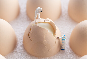 miniature inspectors checking eggs fissure. Quality control concept.