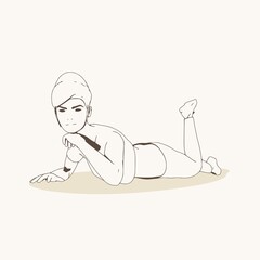 Lying woman. Sport girl illustration. Casual sportwear - t-shirt, breeches and sneakers. Young woman wearing workout clothes. Sport fashion girl outline in urban casual style.
