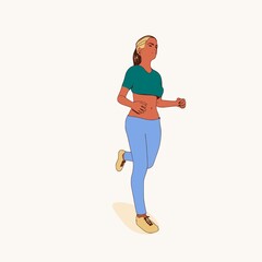 Running woman. Sport girl illustration. Casual sportwear - t-shirt, breeches and sneakers. Young woman wearing workout clothes. Sport fashion girl outline in urban casual style.