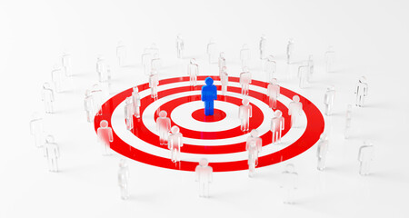 Customer target audience marketing strategy. Social media user marketing. People icon target group and aiming. 3d rendering