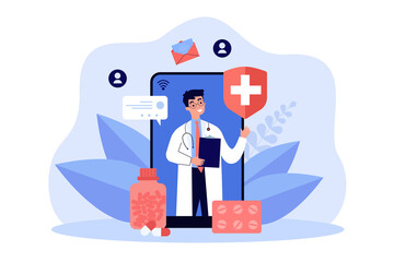 Telehealth mobile app with doctor on phone screen. Online advices of man with stethoscope flat vector illustration. Telemedicine, healthcare concept for banner, website design or landing web page