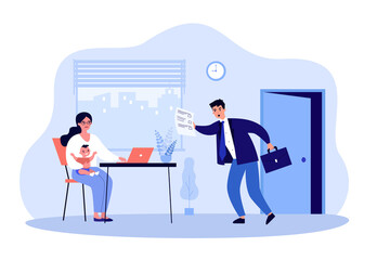 Man giving paper document to frustrated woman with child. Sad news from shocked male character flat vector illustration. invoice, dismissal concept for banner, website design or landing web page