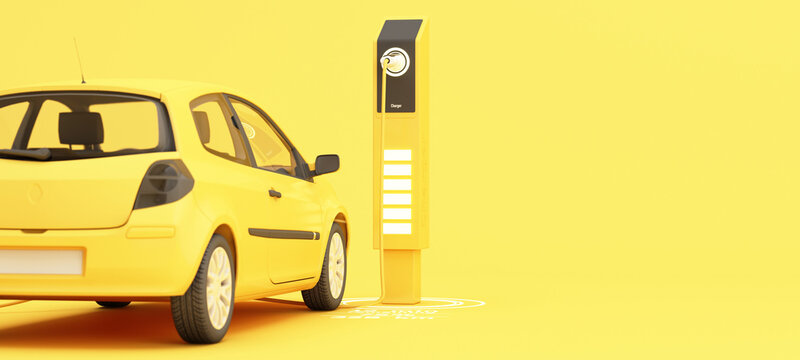 The electric car is refueling through the charger and shows on the screen. Indicates charging status. on a yellow background 3d rendering
