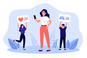 Tiny man and woman giving likes and followers to bloggers post. Influence of female leader on community flat vector illustration. Social media concept for banner, website design or landing web page