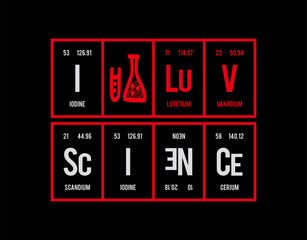 I Love Science - Periodic Table of Elements on black background in vector illustration.