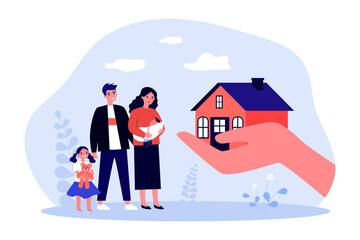 Hand giving new home to father, mother and kids. Family house for man, woman and children flat vector illustration. Property, loan, real estate concept for banner, website design or landing web page - obrazy, fototapety, plakaty