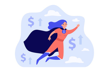 Female super hero flying up in sky along with dollar symbols. Financial rescue from woman in cape of flat vector illustration. Finance, charity concept for banner, website design or landing web page