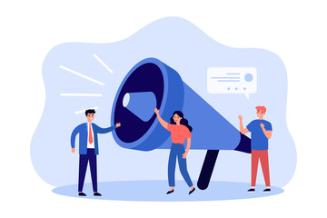 Business people announcing loud message through megaphone. Tiny characters drawing attention to news flat vector illustration. Warning content concept for banner, website design or landing web page