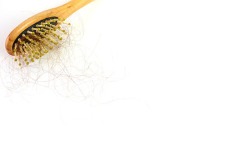 Brown hair, hair loss every day, serious problems and hair loss on a white background.