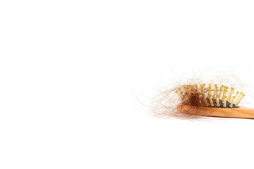 Brown hair, hair loss every day, serious problems and hair loss on a white background.