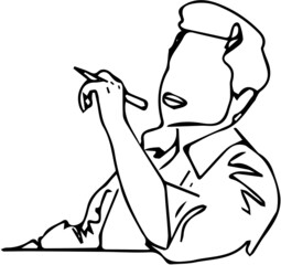 Line art illustration of young writer man sitting in thinking pose, outline sketch silhouette drawing of man sitting in thinking mode