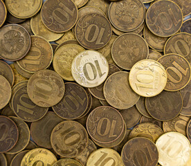 Russian coins, rubles. Background and texture of Russian money