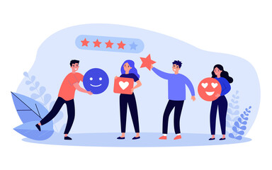 Customer giving rating stars, likes and positive feedback. Review from tiny male and female clients flat vector illustration. Rate, satisfaction concept for banner, website design or landing web page