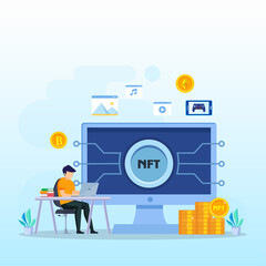 NFT non fungible token, digital crypto art blockchain technology, flat vector illustration,