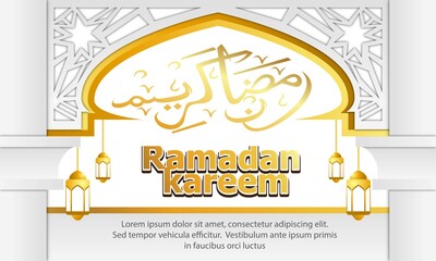 Obraz premium Mosque with ramadan kareem calligraphy and lanterns