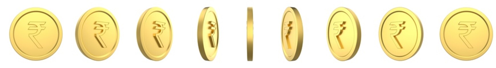 3D Illustration of the Indian Rupee symbol on the gold coin from all angles