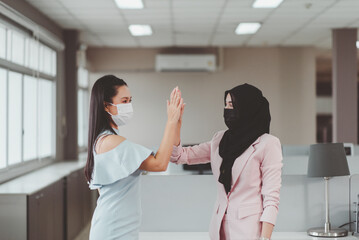 Successful teamwork people hands touching after finish work in office