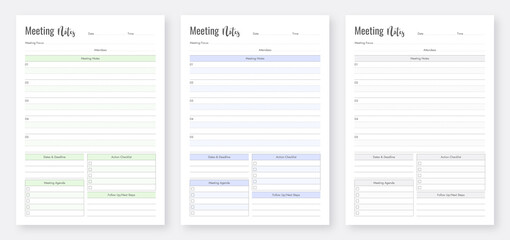 Meeting notes planner template. Printable Meeting Notes Planner Set. Minimalist planner pages templates.