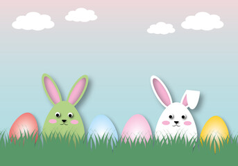 Rabbits in colourful egg with clouds and grass on blue sky background. Holiday illustration for greeting card of Happy Easterâ€™s Day. space for the text. Graphic paper cut design style.