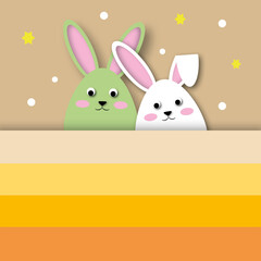 Obraz na płótnie Canvas Colourful rabbits on yellow or orange background. Holiday illustration for greeting card of Happy Easter’s Day. space for the text. Graphic paper cut design style.