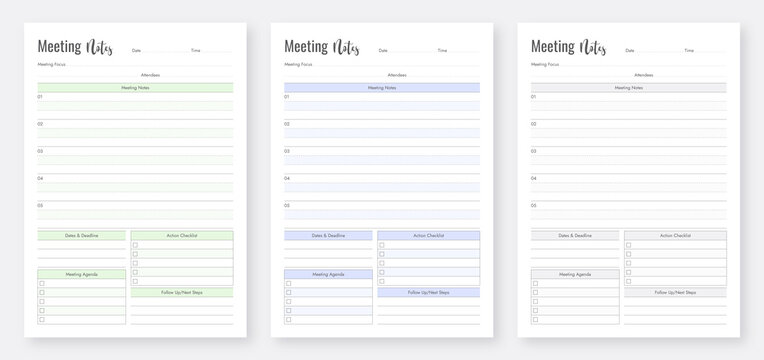 Meeting Notes Planner Template. Printable Meeting Notes Planner Set. Minimalist Planner Pages Templates.