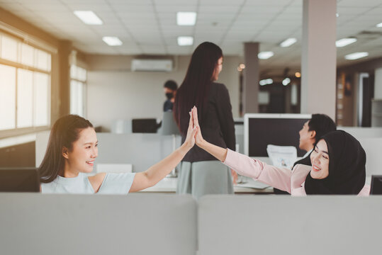 Successful teamwork people hands touching after finish work in office