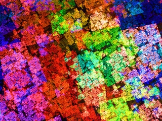 Imagen de arte fractal digital compuesta de formas irregulares en colores difuminados en un conjunto que parece ser un territorio invadido por energía arcoiris.