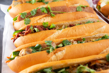 A view of a several banh mi sandwiches.