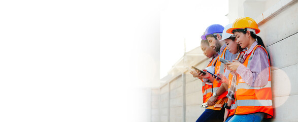 Banner image of happy construction workers in safety clothing. Caucasian male and female group...