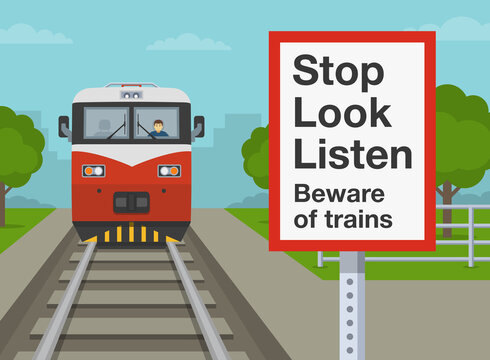 Railroad safety rules and tips. Stop Look Listen warning sign for pedestrians on railway platform while train is approaching. Keep back from platform edge warning. Flat vector illustration template.