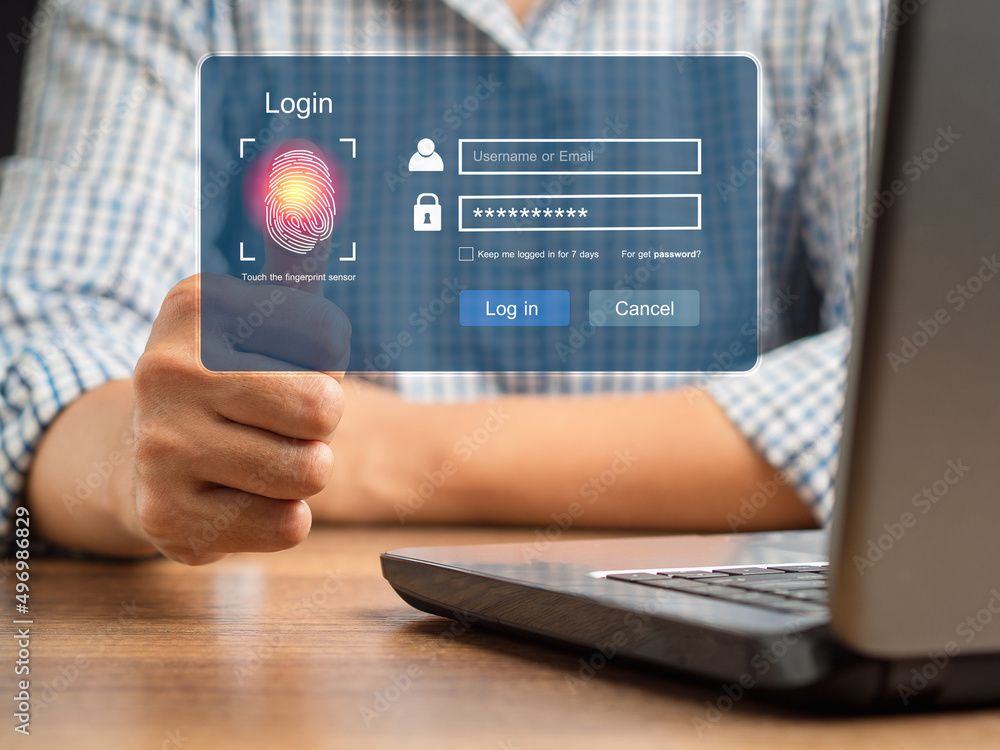 Poster businessman login by fingerprint to the network system on a virtual screen