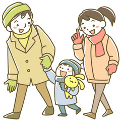 笑顔で歩く両親と幼児