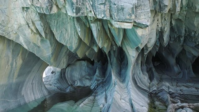 Close Up View Of Marble Caves On General Carrera Lake, Puerto Rio Tranquilo. Aerial Dolly Right