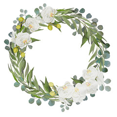 Obraz premium Eucalyptus and white orchid flowers wreath. Green leaves and blooming buds frame. Wedding design invitation and postcard. Round leaf print. Emblem and template. 