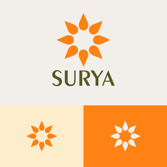 Natural circular sun logo design concept. Yoga company brand logomark illustration. Can representing blossom, lotus, summer, spark, spa, beauty, fashion.