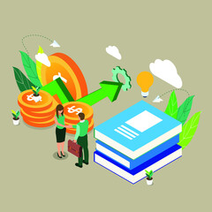 Business people handshaking near books and coins isometric 3d vector illustration concept for banner, website, illustration, landing page, template, etc