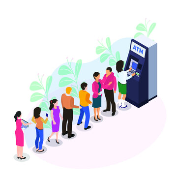 People Waiting In Line Near Atm Machine Isometric 3d Vector Illustration Concept For Banner, Website, Illustration, Landing Page, Template, Etc