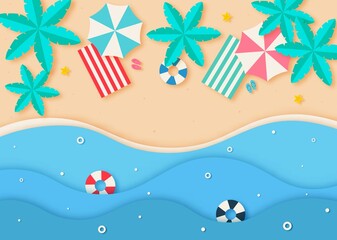 Fototapeta na wymiar hello summer with beach landscape background. paper art style. vector Illustration.