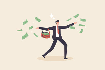 Fototapeta na wymiar Increase happiness with money. Happy Businessman throwing money, Feeling joyful and delighted with dividends from successful investments. Satisfied with salary or salary increase financial victory.