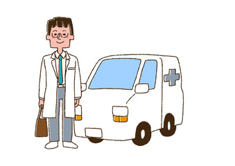 車で往診に向かう医者（男性）コミカルな手書きの人物　ベクター、線画にカラー